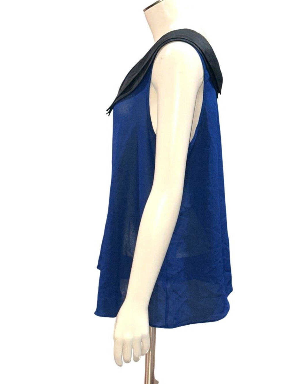 Forever 21 Size Large Blue Black Sheer Collar Sleeveless Blouse Chic Streetcore - Picture 4 of 8